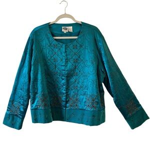 DG2 by Diane Gilman Turquoise and Gold Satin Jacket with Velvet Border - Size 1X